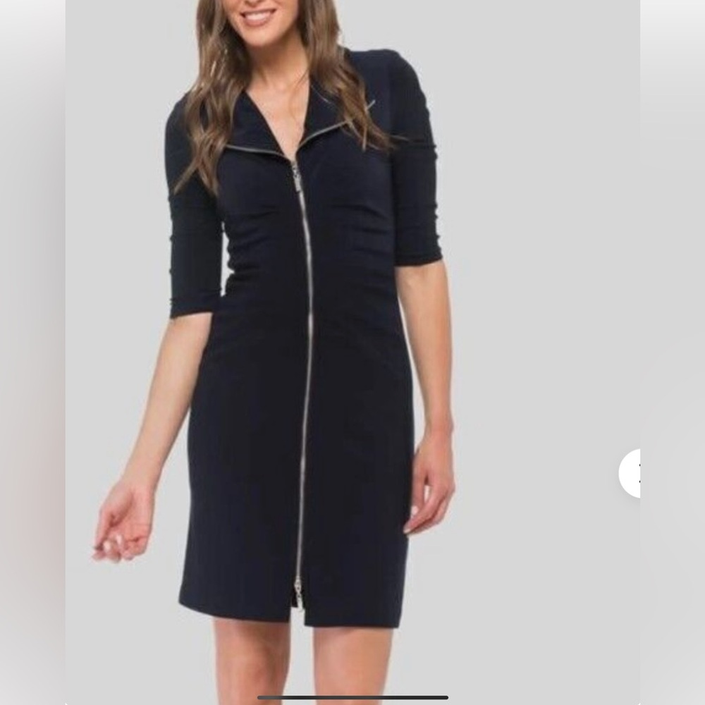 Joseph Ribkoff Dark Blue Bodycon Ruched zippered Dress  .